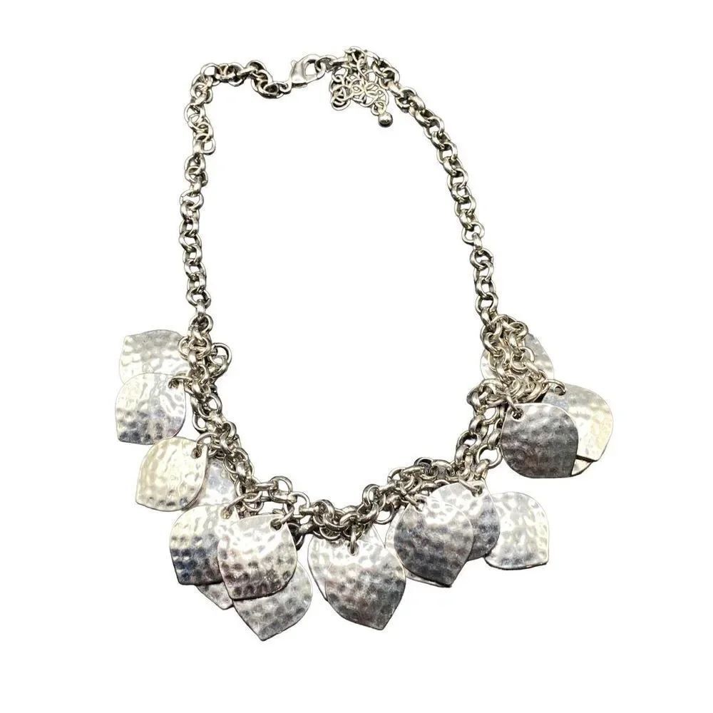 Silver tone double row hammered leaves on silver tone chain bib necklace